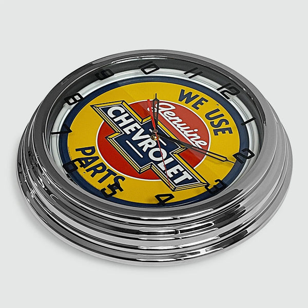 Genuine Chevrolet Parts - Metal White Neon Clock For the Gear Head Sign Box Co.
