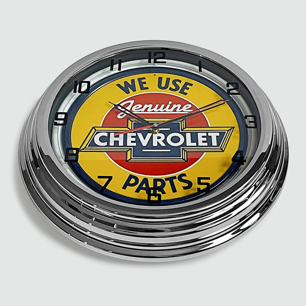 Genuine Chevrolet Parts - Metal White Neon Clock For the Gear Head Sign Box Co.