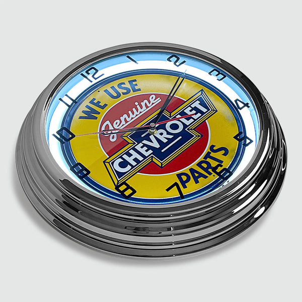 Genuine Chevrolet Parts - Metal White Neon Clock For the Gear Head Sign Box Co.