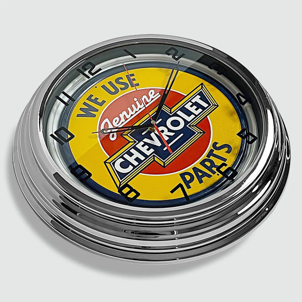 Genuine Chevrolet Parts - Metal White Neon Clock For the Gear Head Sign Box Co.