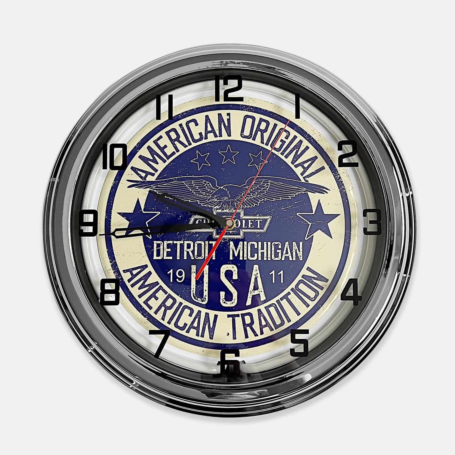 Chevrolet 'American Original' - Metal White Neon Clock For the Gear Head Sign Box Co.