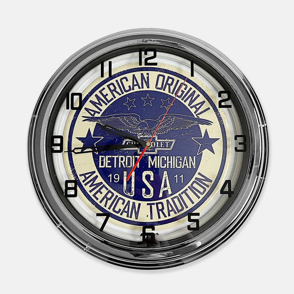 Chevrolet 'American Original' - Metal White Neon Clock For the Gear Head Sign Box Co.