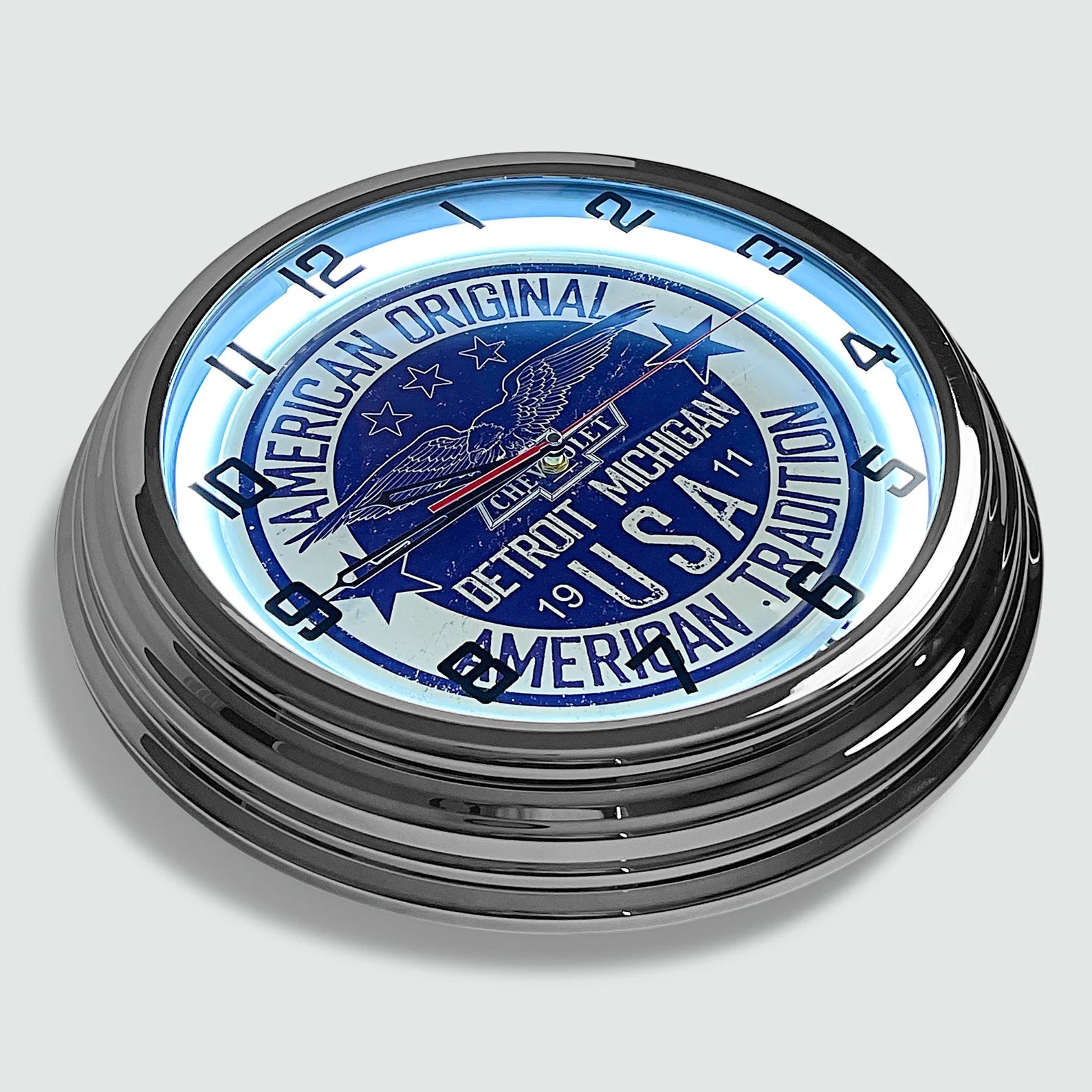 Chevrolet 'American Original' - Metal White Neon Clock For the Gear Head Sign Box Co.