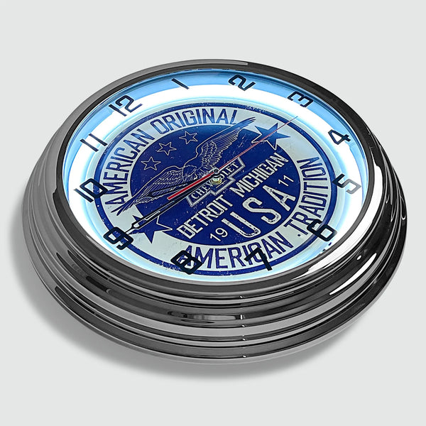 Chevrolet 'American Original' - Metal White Neon Clock For the Gear Head Sign Box Co.