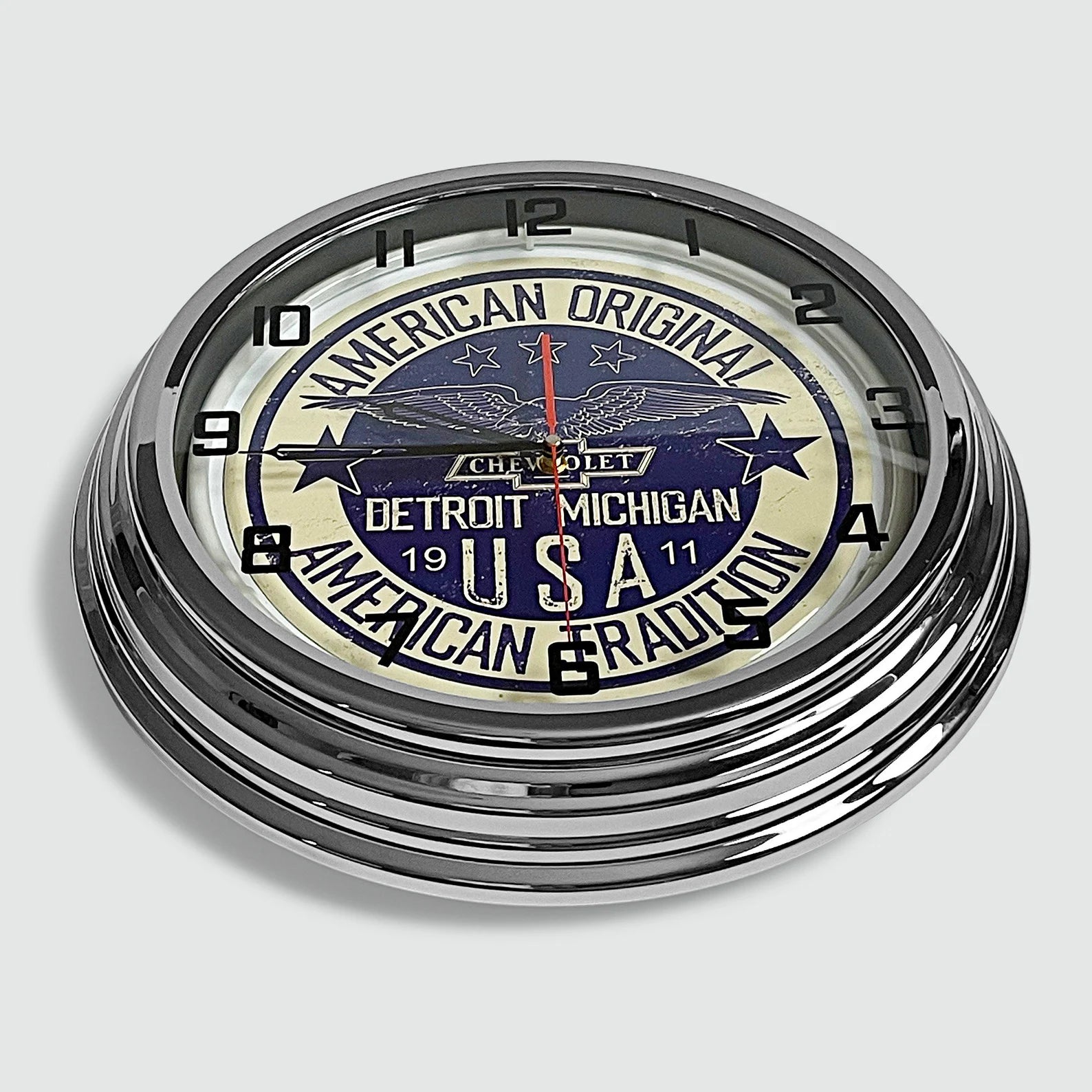 Chevrolet 'American Original' - Metal White Neon Clock For the Gear Head Sign Box Co.