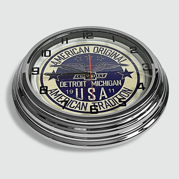 Chevrolet 'American Original' - Metal White Neon Clock For the Gear Head Sign Box Co.