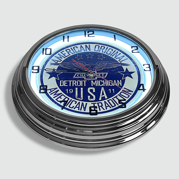 Chevrolet 'American Original' - Metal White Neon Clock For the Gear Head Sign Box Co.