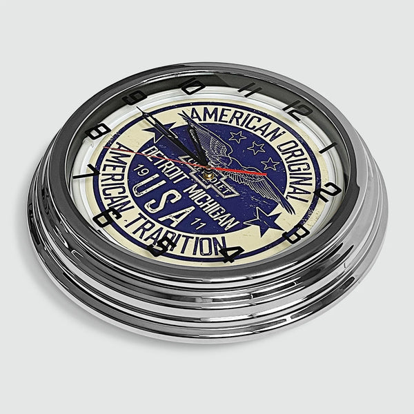 Chevrolet 'American Original' - Metal White Neon Clock For the Gear Head Sign Box Co.