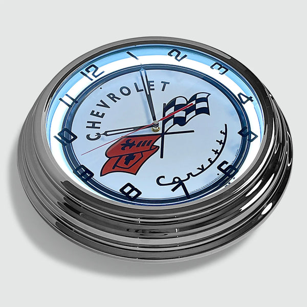 Chevrolet Corvette - Metal White Neon Clock For the Gear Head Sign Box Co.