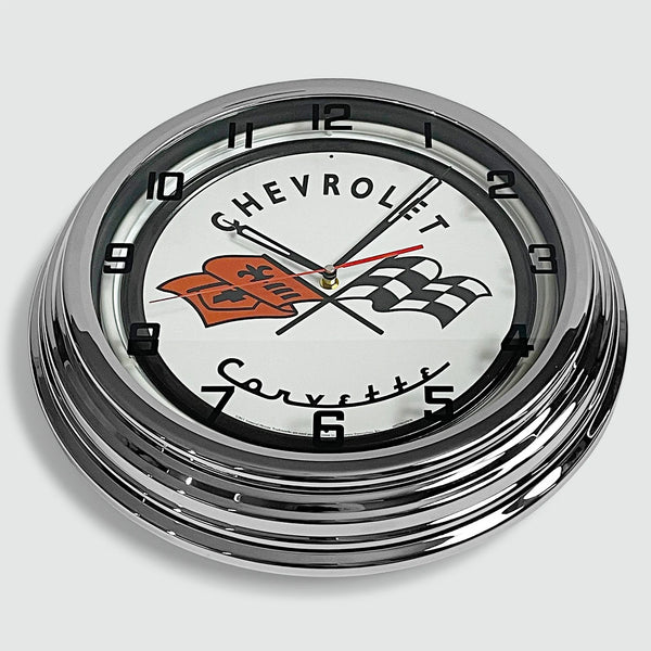 Chevrolet Corvette - Metal White Neon Clock For the Gear Head Sign Box Co.