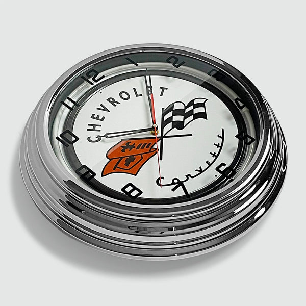 Chevrolet Corvette - Metal White Neon Clock For the Gear Head Sign Box Co.