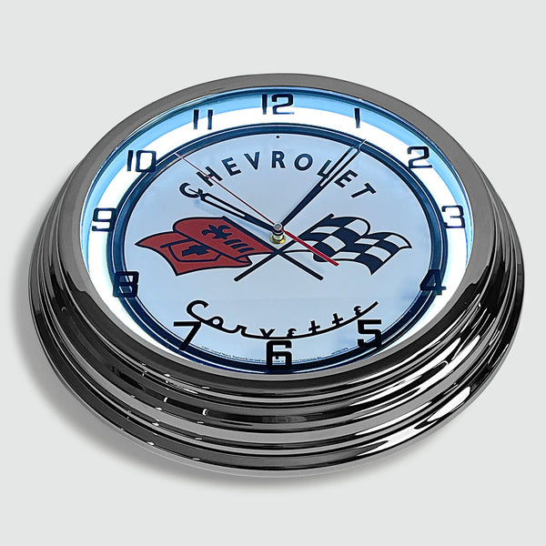 Chevrolet Corvette - Metal White Neon Clock For the Gear Head Sign Box Co.