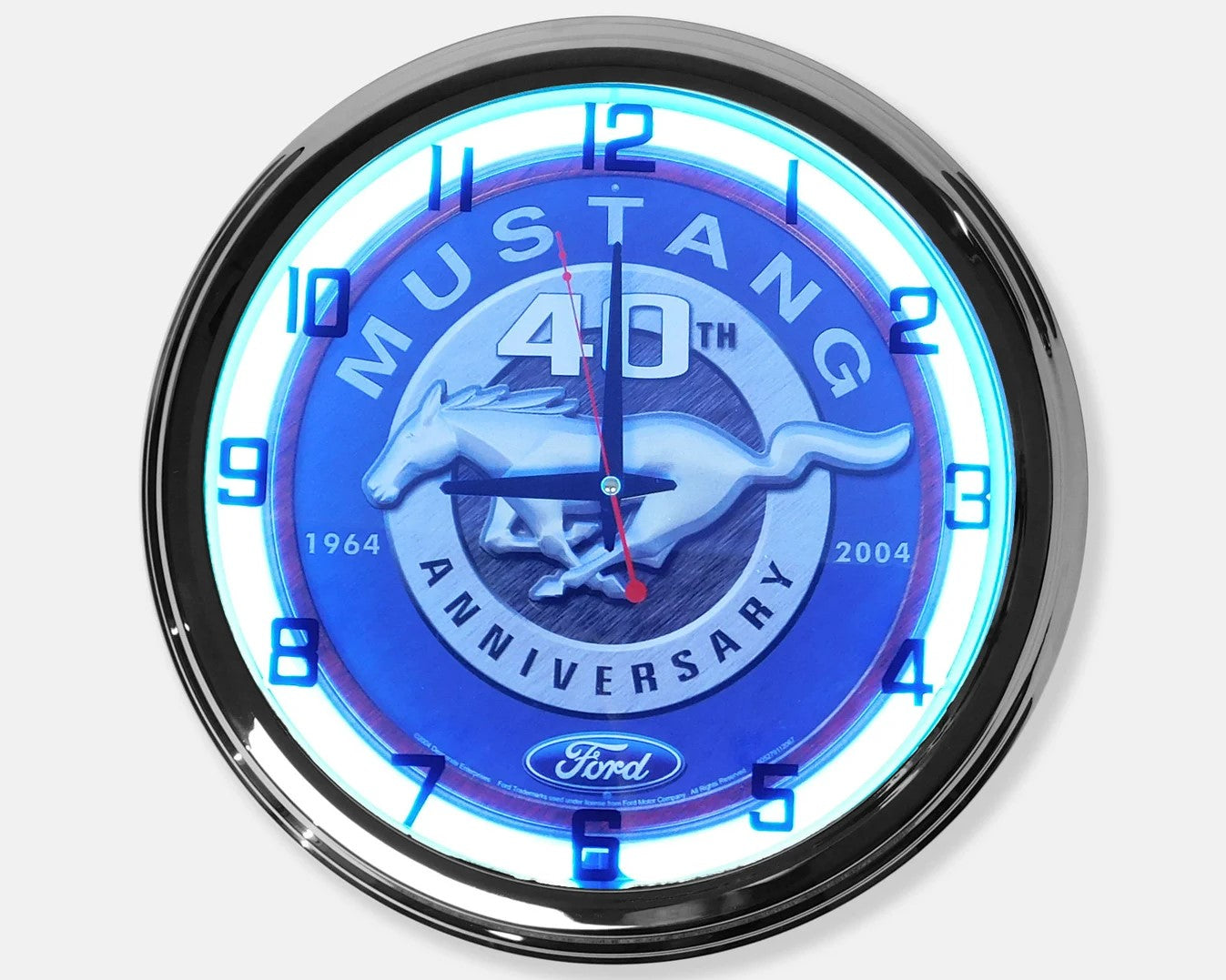 Neon wall clock face with blue light ring, Mustang 40th Anniversary and red hands