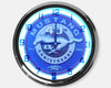 Neon wall clock face with blue light ring, Mustang 40th Anniversary and red hands