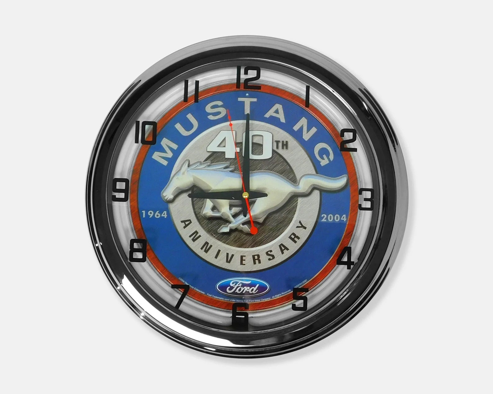 Neon wall clock face with Mustang 40th Anniversary artwork and orange hour markers