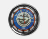 Neon wall clock face with Mustang 40th Anniversary artwork and orange hour markers