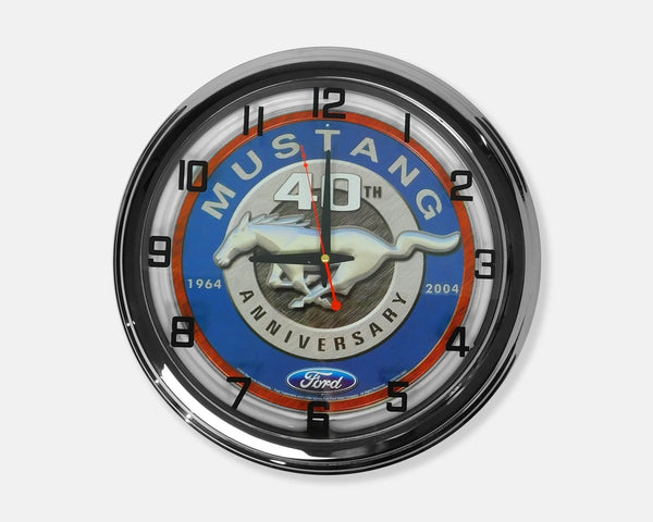 Neon wall clock face with Mustang 40th Anniversary artwork and orange hour markers