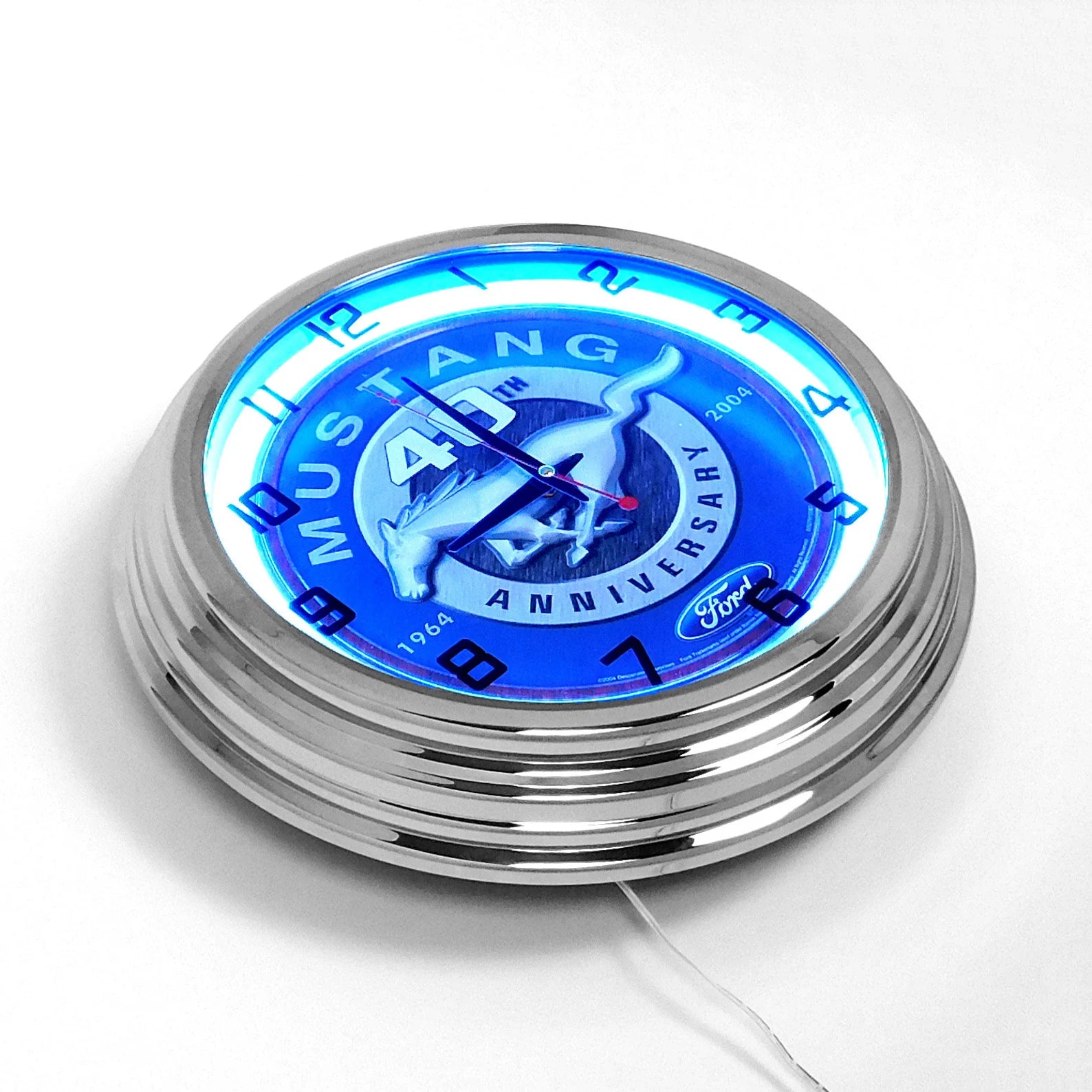 Neon wall clock with bright blue ring, Mustang 40th Anniversary center and power cable