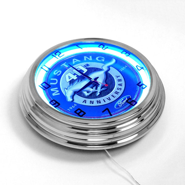 Neon wall clock with bright blue ring, Mustang 40th Anniversary center and power cable