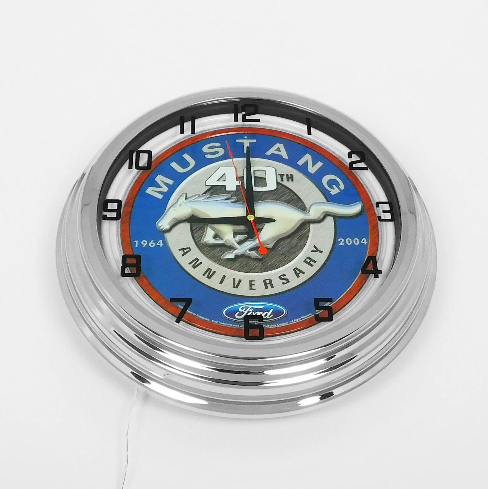 Neon wall clock with Mustang 40th Anniversary dial and orange-and-black hour markers