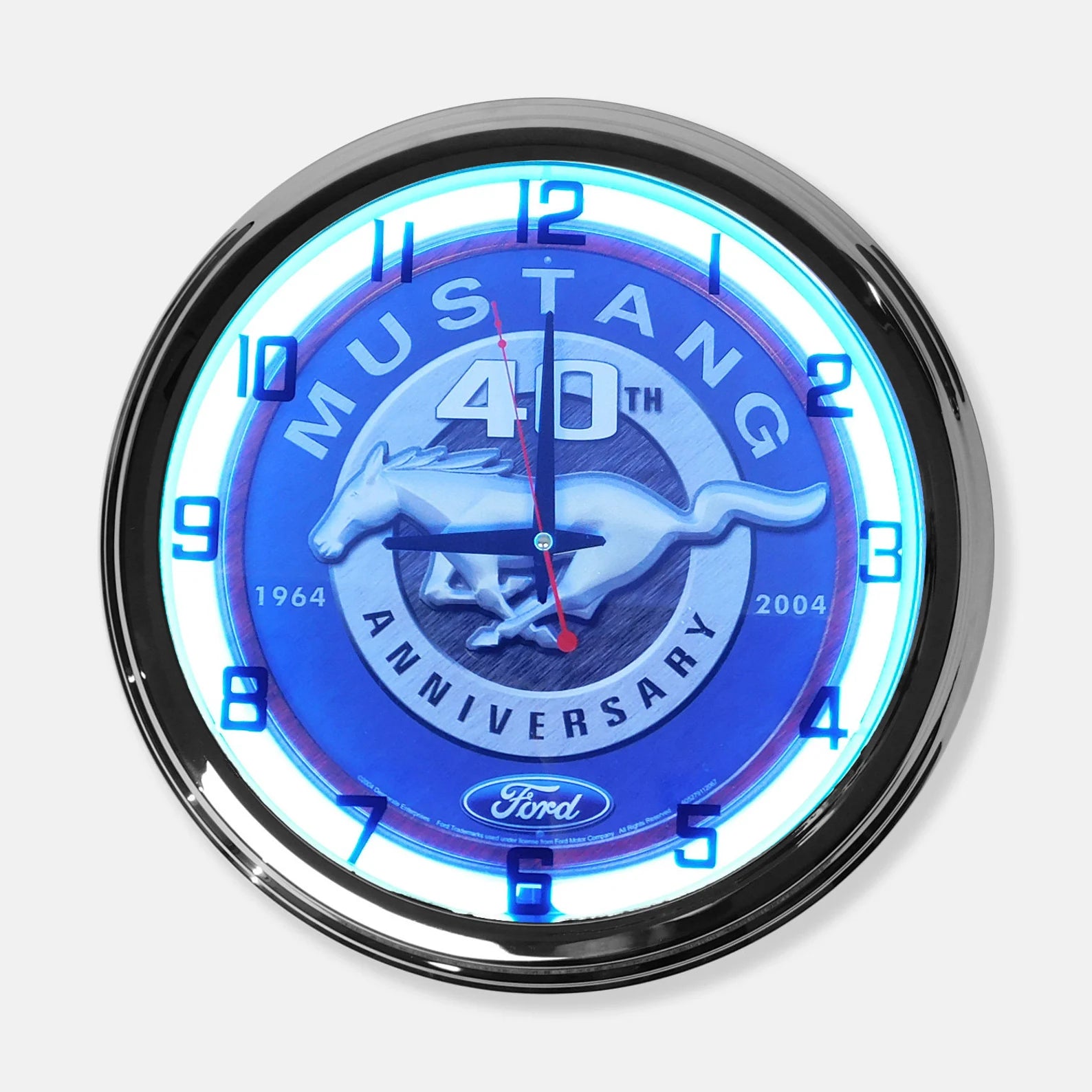 Neon wall clock with luminous blue ring, Mustang 40th Anniversary dial and red hands