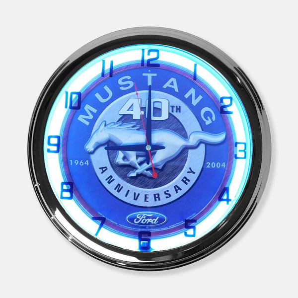 Neon wall clock with luminous blue ring, Mustang 40th Anniversary dial and red hands