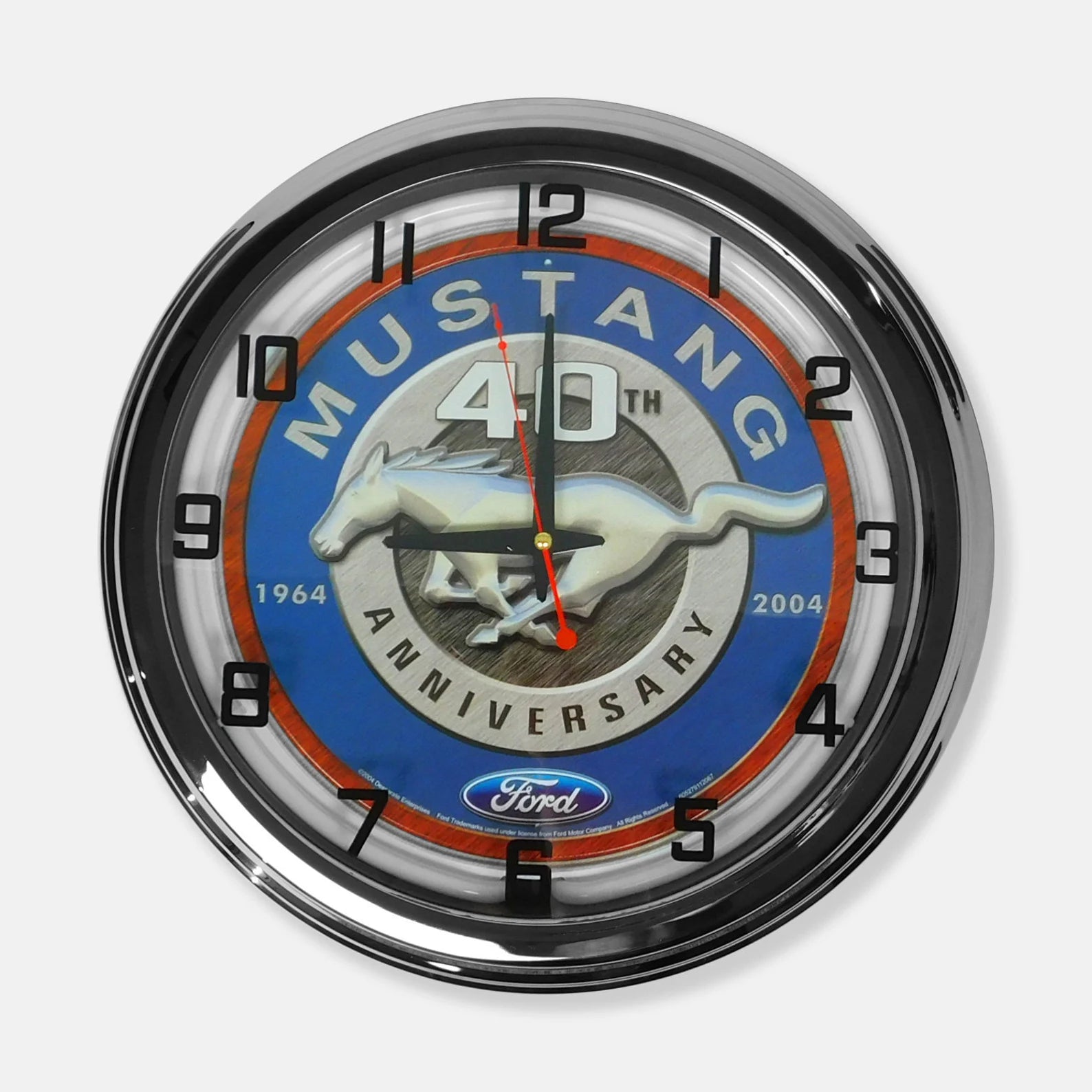 Neon wall clock with Mustang 40th Anniversary dial, blue center and orange ring accents