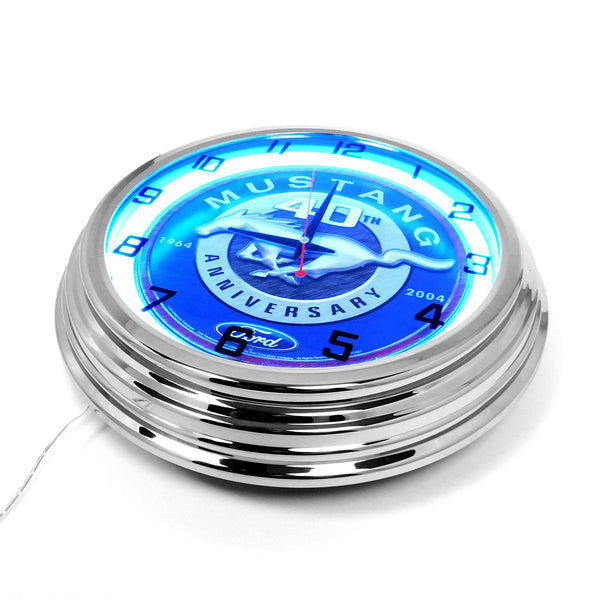 Ford Mustang 40th Anniversary - Metal White Neon Clock For the Gear Head Sign Box Co.