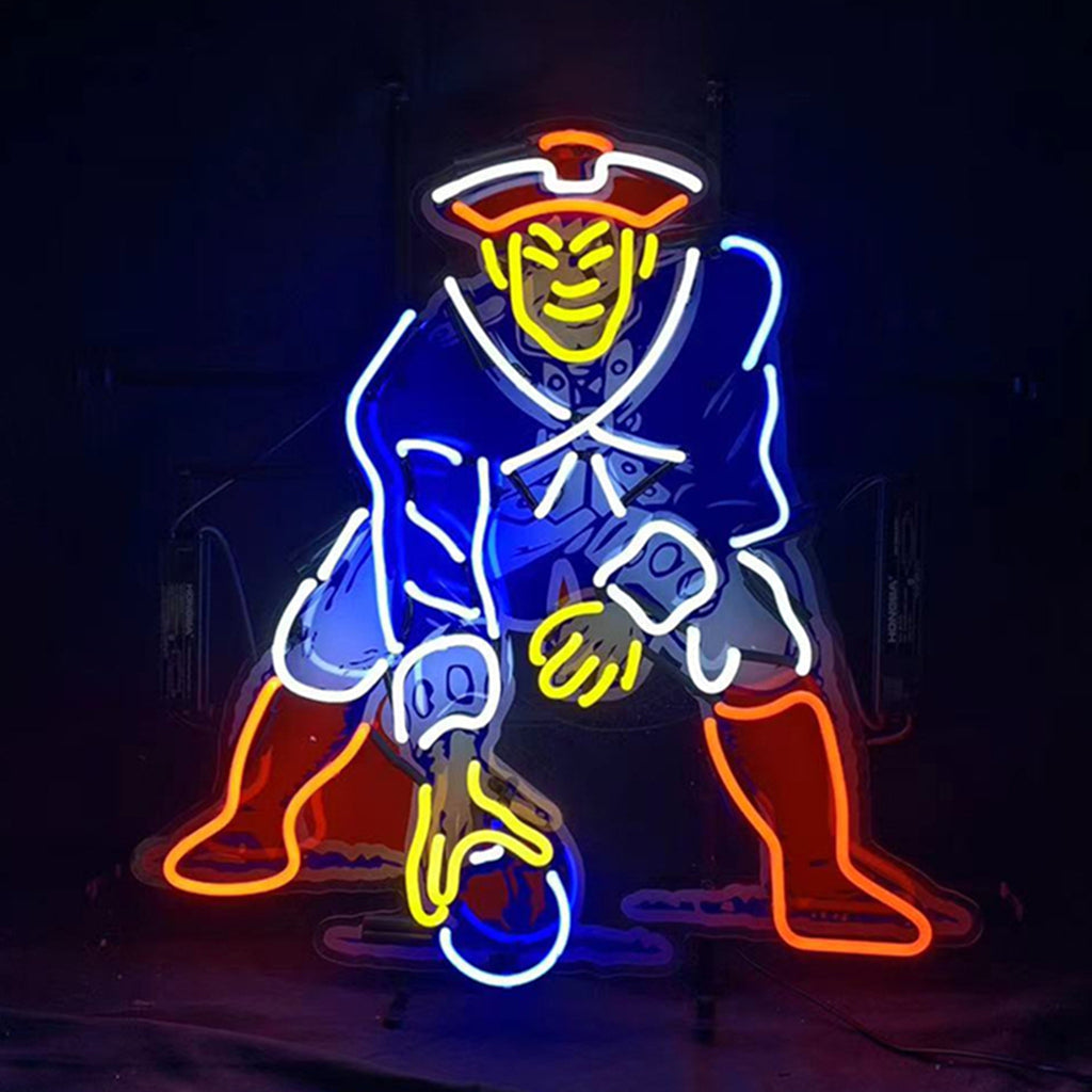 Neon sign light with Patriots player mascot, blue suit and red pants glowing