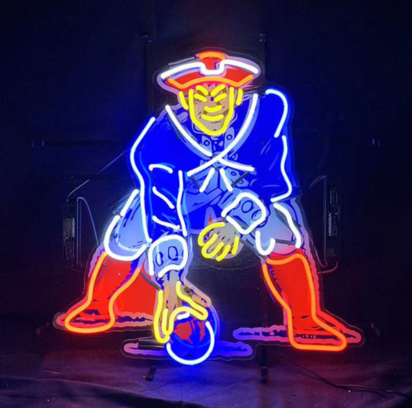 Neon sign light featuring Patriots player mascot, blue jacket and red legs