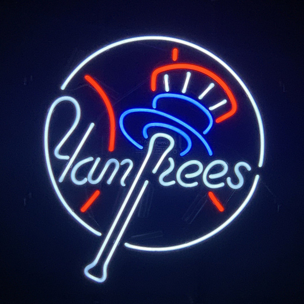 Neon baseball sign showing Yankees text inside a baseball bat circle.
