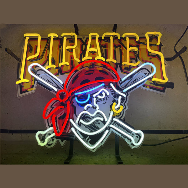 Pittsburgh Pirates neon sign showing glowing pirate logo with 'PIRATES' wordmark