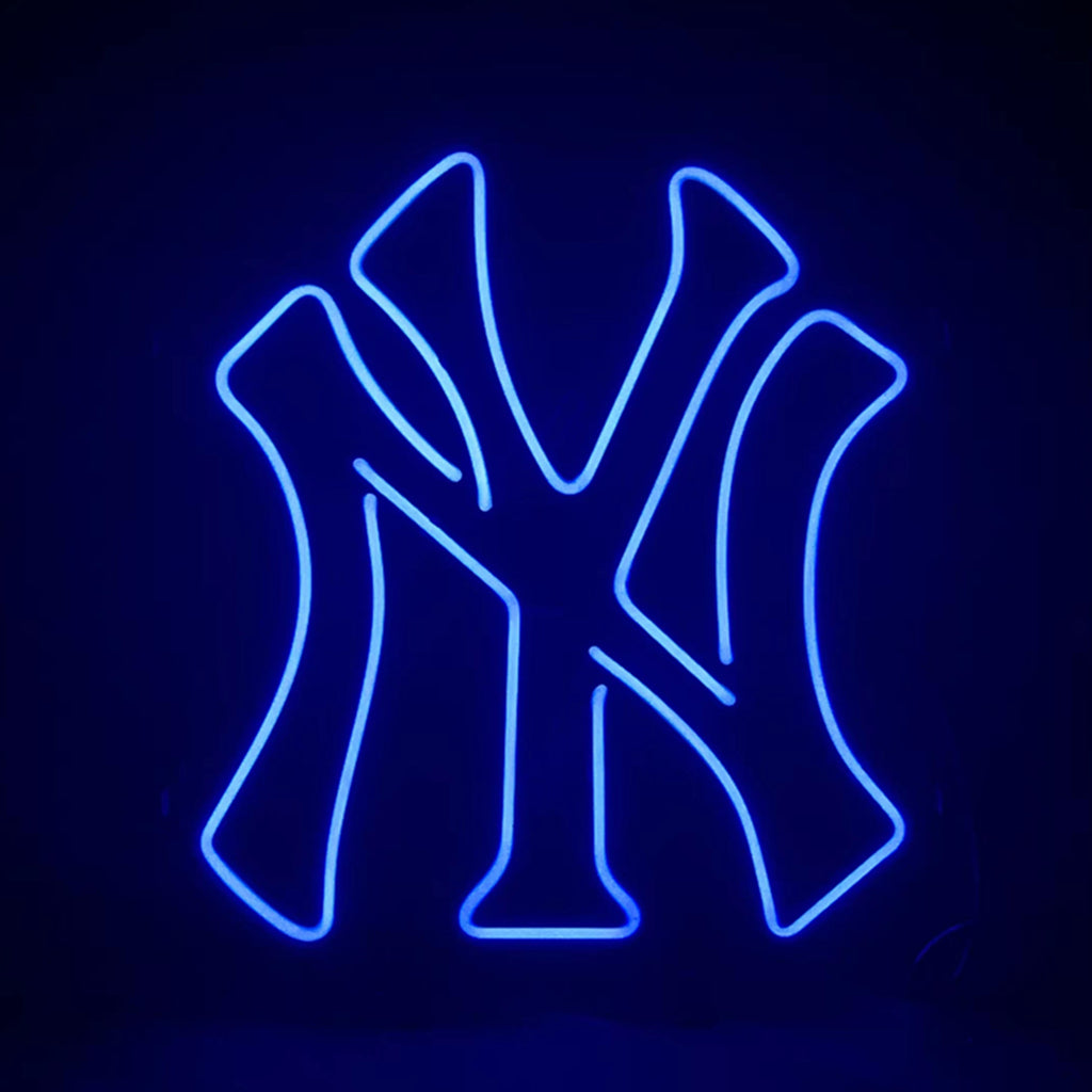 Neon NY Yankees logo sign with centered blue glow
