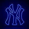 Neon NY Yankees logo sign with centered blue glow