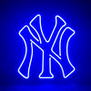 Neon NY Yankees logo sign with bright blue outline and white tubing