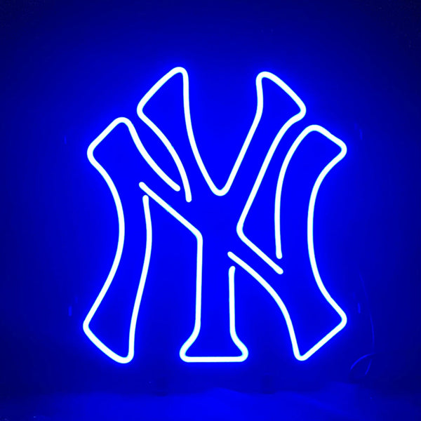 Neon NY Yankees logo sign with bright blue outline and white tubing
