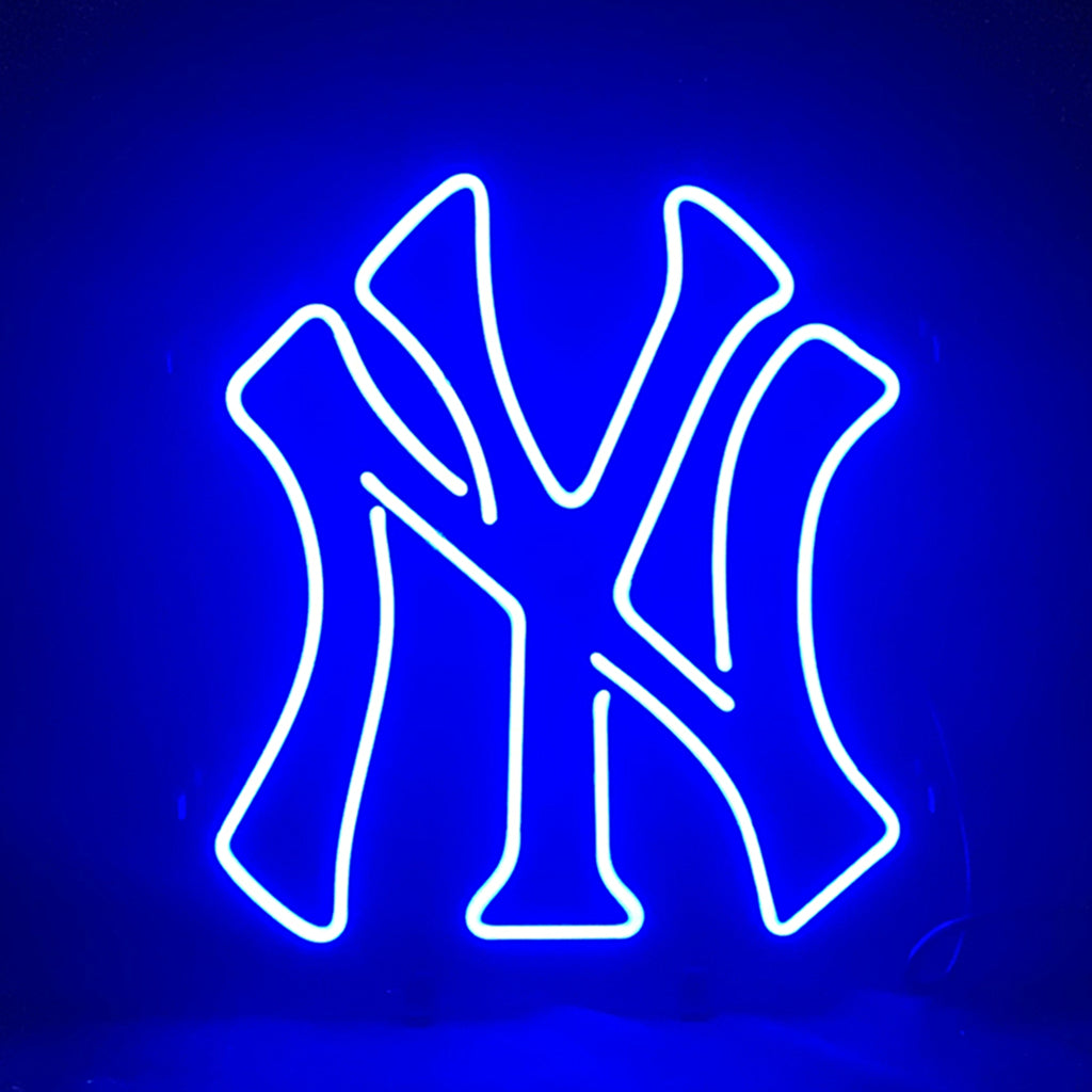 Neon NY Yankees logo sign with blue and white glow