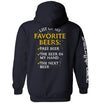 Navy graphic hoodie, back print: “List of My Favorite Beers” with beer list