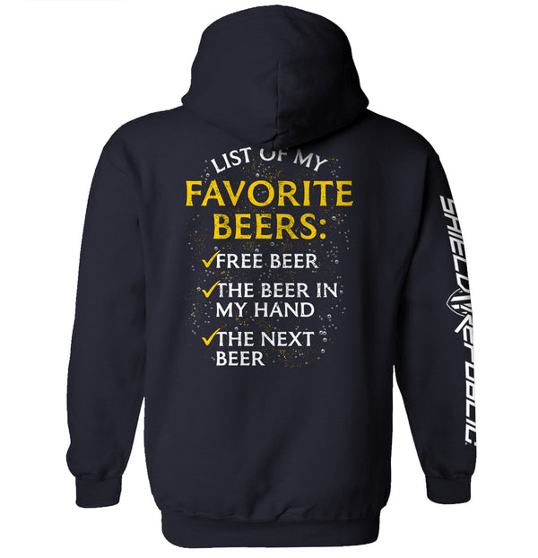 Navy graphic hoodie, back print: “List of My Favorite Beers” with beer list