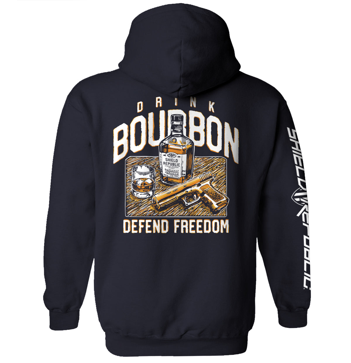 Navy hoodie with back graphic: bourbon bottle, DRINK/BOURBON text, DEFEND FREEDOM