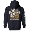 Navy hoodie with back graphic: bourbon bottle, DRINK/BOURBON text, DEFEND FREEDOM