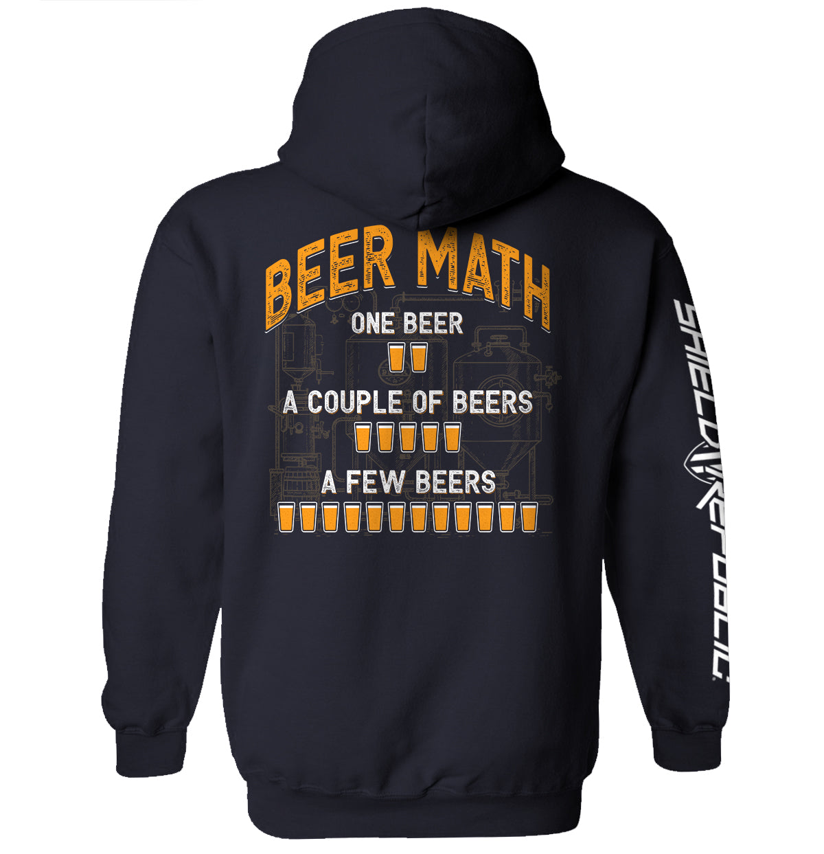 Graphic dark-navy hoodie with orange beer-themed back print and vertical white sleeve text