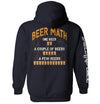 Graphic dark-navy hoodie with orange beer-themed back print and vertical white sleeve text