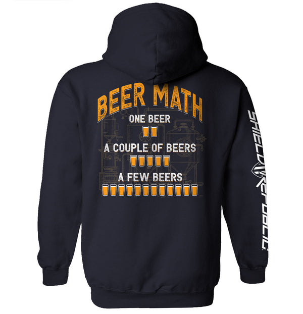 Graphic dark-navy hoodie with orange beer-themed back print and vertical white sleeve text