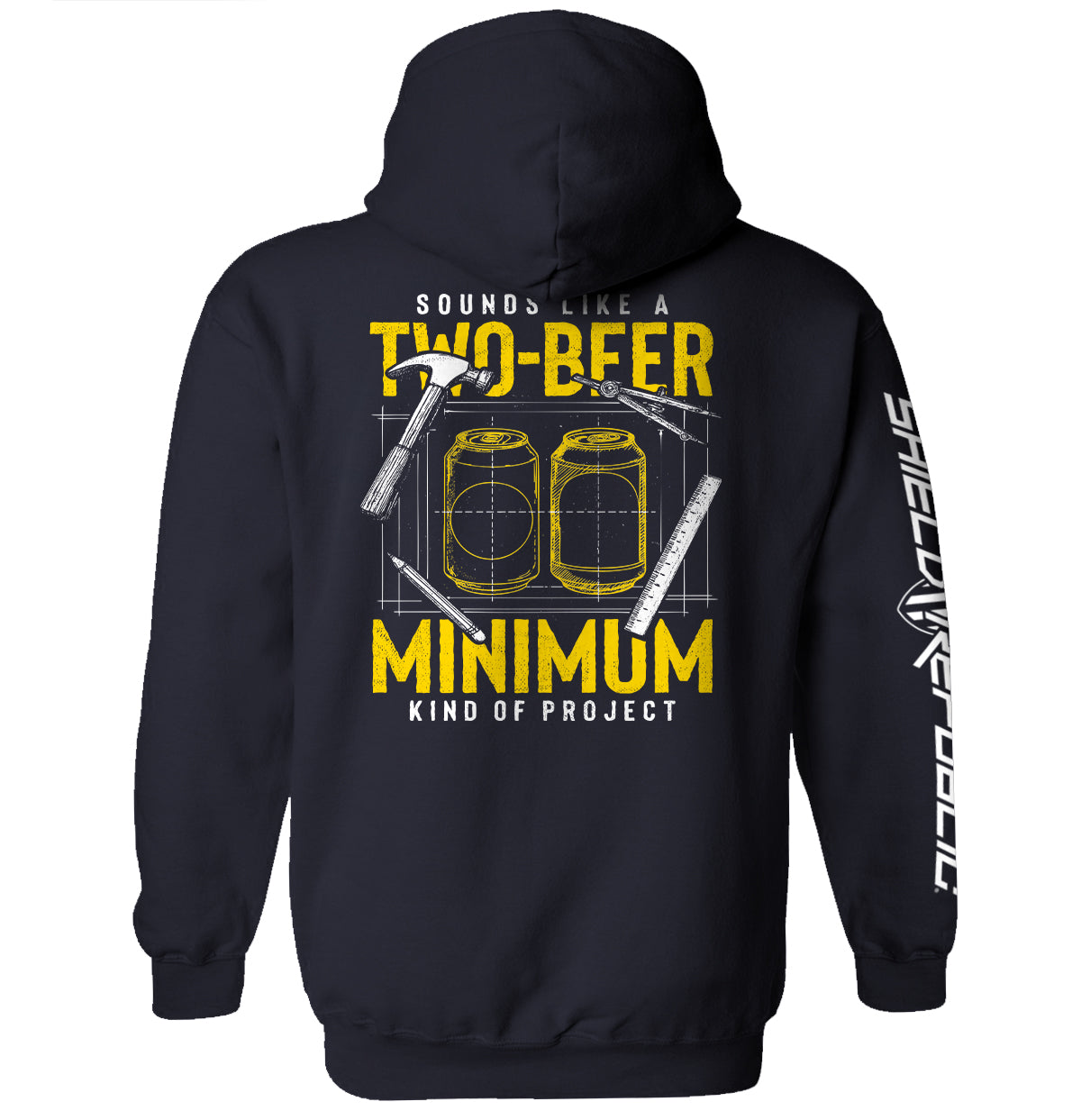 Navy hoodie, back graphic with two beer cans and 