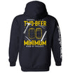 Navy hoodie, back graphic with two beer cans and "MINIMUM" text; white diagonal sleeve print