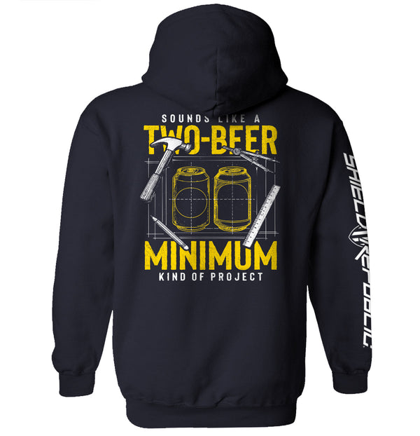 Navy hoodie, back graphic with two beer cans and "MINIMUM" text; white diagonal sleeve print