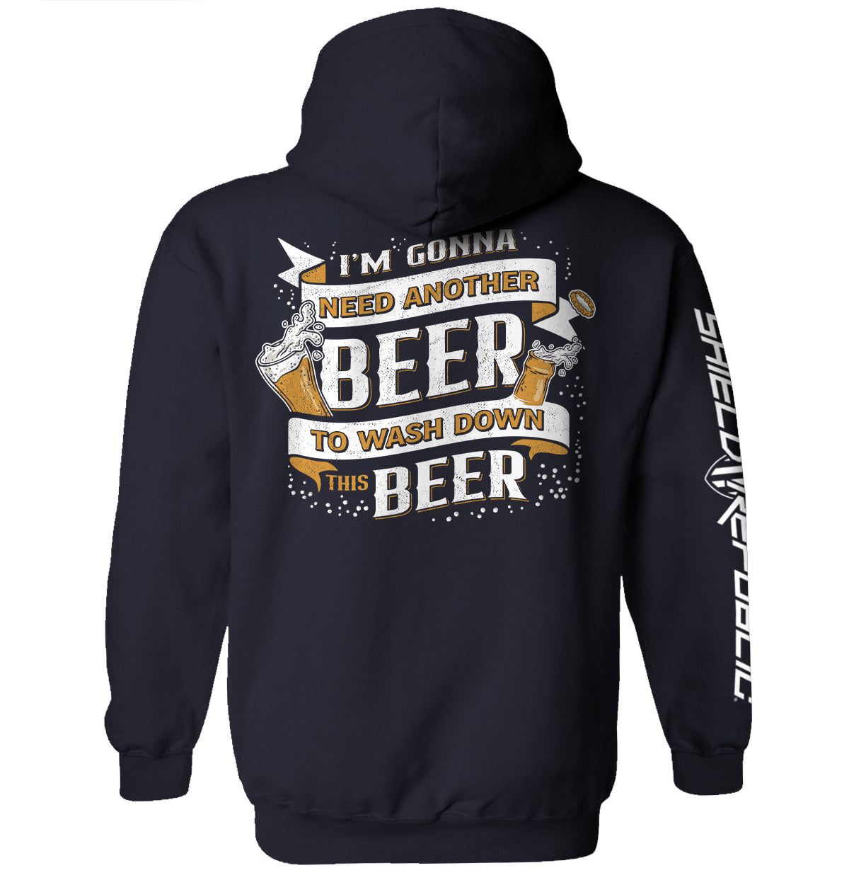 Navy hoodie with front beer slogan graphic and white side sleeve text