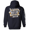 Navy hoodie with front beer slogan graphic and white side sleeve text