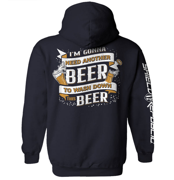 Navy hoodie with front beer slogan graphic and white side sleeve text